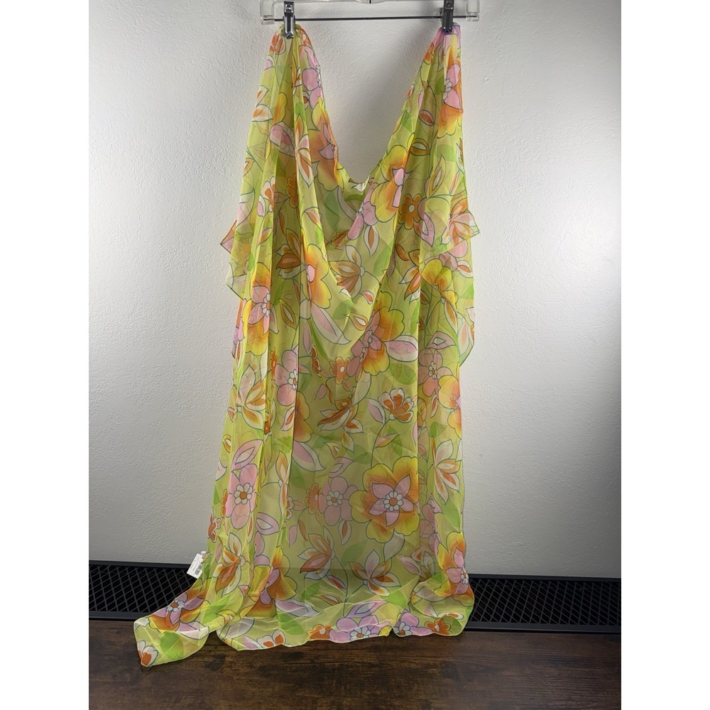 VTG Bijoux Terner Floral‎ Pareo Sarong Beach Cover Up Scarf Sheer Green Summer
